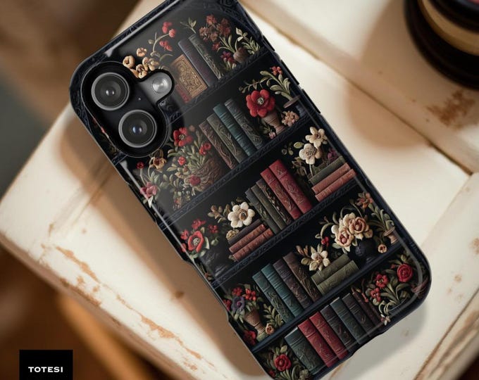 Dark Academia Bookcase iPhone Case: Floral Bookshelf, MagSafe Compatible