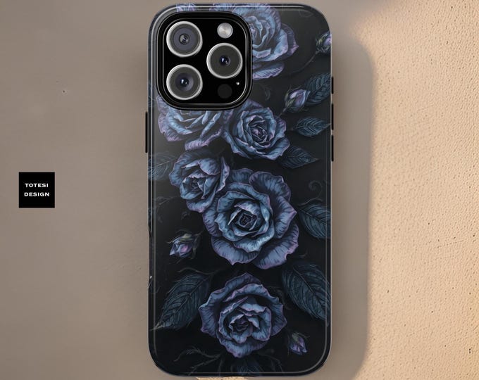 Tough Cases, Gothic Dark Blue Floral Roses, Samsung S24 S23 S22 S21 Plus Ultra, iPhone 16 15 14 13 12 11, Gift for Daughter, Protective