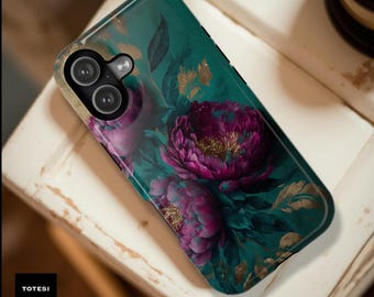 Floral Turquoise Magnetic Case: Magenta Peonies, Magsafe Compatible