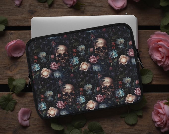 Floral Gothic Skulls Roses Laptop Sleeve Case, 7 10 13 15 17 inch,  MacBook Cover, iPad Kindle sleeve, Tech padded protective pouch
