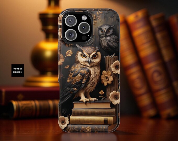 Gothic Owls Books iPhone MagSafe Case, Wise Owl Totes, Magnetic Tough Case, 13-16 Pro Max Plus Cases, Gift for Student, Unique Art Case