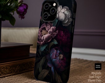 Dark Floral iPhone Case: Bohemian MagSafe Compatible Tough Phone Cover