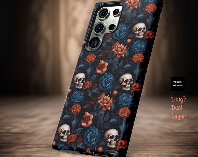 Tough Samsung Phone Case Gothic Floral Skulls Roses| Samsung Galaxy Tough Case S25 S24 S23 S22 S21 Plus Ultra| iPhone 16 15 14 13 12 11