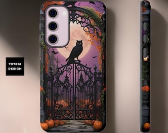 Goth owl on gate in moonlit garden Samsung iPhone case - Samsung Galaxy S24 S23 S22 S21 Plus, Ultra |Fall Halloween |  Gift for Her