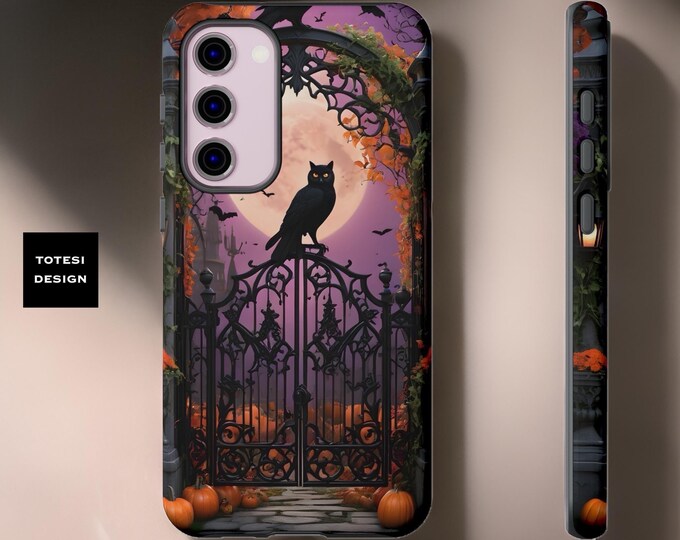 Goth owl on gate in moonlit garden Samsung iPhone case - Samsung Galaxy S24 S23 S22 S21 Plus, Ultra |Fall Halloween |  Gift for Her