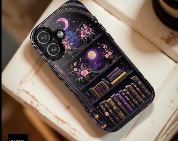 Gothic Bookshelf Phone Case: Celestial Fantasy, Book Lover Gift