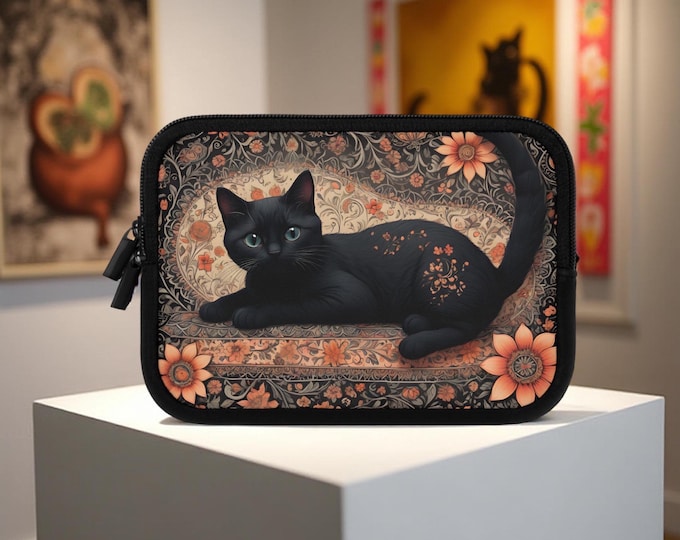 Elegant Boho Black Cat Laptop Sleeve - Stylish and Protective Case, Perfect for Cat Lovers, Gift for Birthdays, Floral