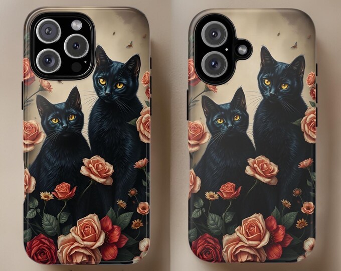 Vintage Black Cat Floral Tough Phone Case, Dark Academia iPhone Case, Retro Floral Samsung Galaxy Case, Gothic Cat Lover Phone Cover, Edgy