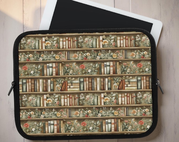 Boho Bookshelf Floral MacBook iPad kindle Sleeve, Cute Computer Case for Students, Gift for Readers, Teacher Supplies, Bookish Reader Gifts