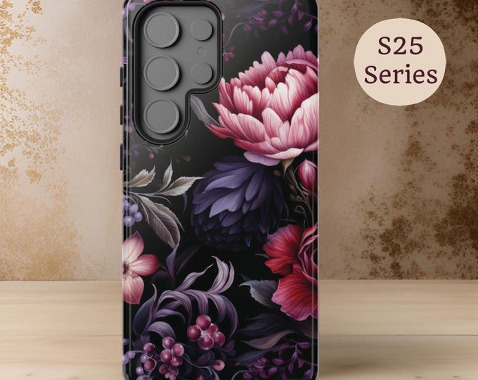 Dark Purple  Floral Academia, iPhone Case 16 15 14 13 12 11 Samsung Galaxy Tough Case S25 S24 S23 S22 S21 Plus Ultra|  Gothic floral