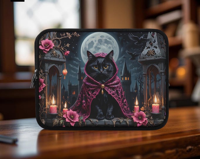 Black Cat Laptop Sleeve, Gothic Fantasy Cute , Alternative Protective Case, Dark Style Tablet Cover, Unique MacBook Pro Pouch,