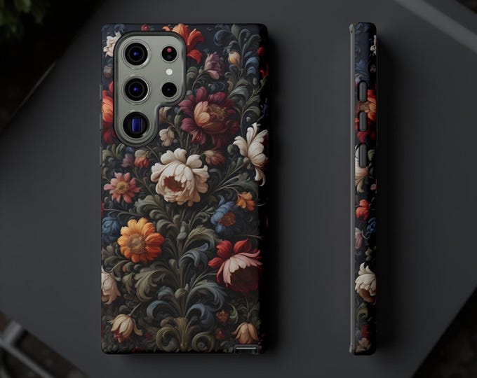Phone Case, Dark Floral Tough Case Cover, Samsung Galaxy S25 S24 S23 Plus Ultra, IPhone 16 15 14 13 Pro Max Plus, Gift for Mom, Art Phone