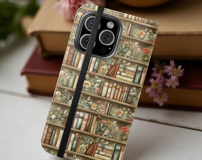 Floral Bookish Wallet Folio Flip Cases - Bookworm Phone Case Cardholder, Book Lover Gift, Literary Accessories, iPhone Samsung Phone Cover