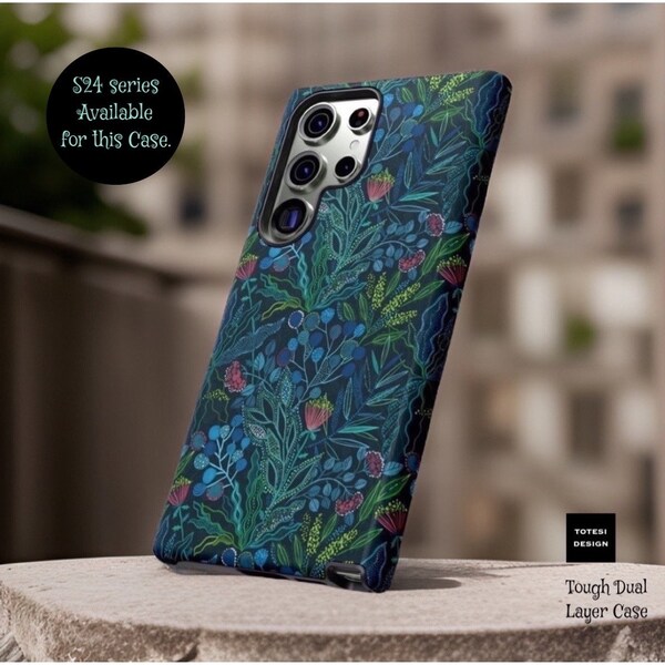 Samsung Galaxy Tough Dual Layer cases -  Dark blue botanical, leaves , floral | Samsung S24, S23, S22, S21 Plus Ultra| Glossy or Matte