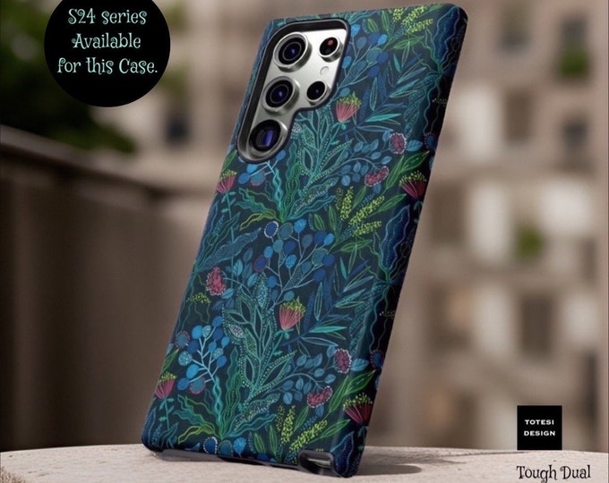 Samsung Galaxy Tough Dual Layer cases -  Dark blue botanical, leaves , floral | Samsung S24, S23, S22, S21 Plus Ultra| Glossy or Matte