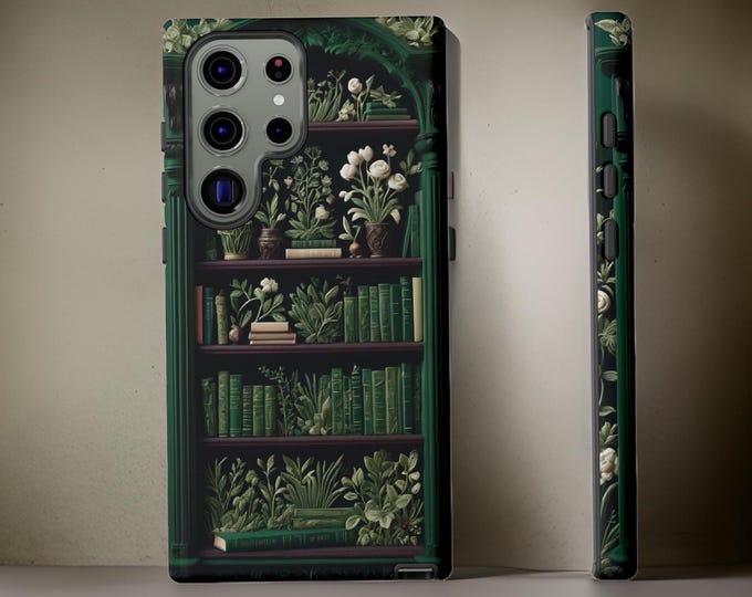 Gothic Bookcase Plants Green Phone Case, Tough Case for Samsung Galaxy & iPhone, Vintage Style, Book Worm Gift, Literary Accessory
