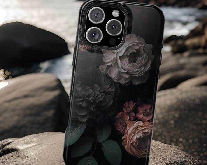 Magnetic Protective Dark Moody Floral aesthetic iPhone case- iPhone MagSafe tough case - 13 14 15 16 Pro Max Plus Mini