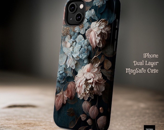 Dark soft moody floral aesthetic magnetic case- iPhone MagSafe tough case - 13 14 15 16 Pro Max Plus Mini | Glossy or Matte