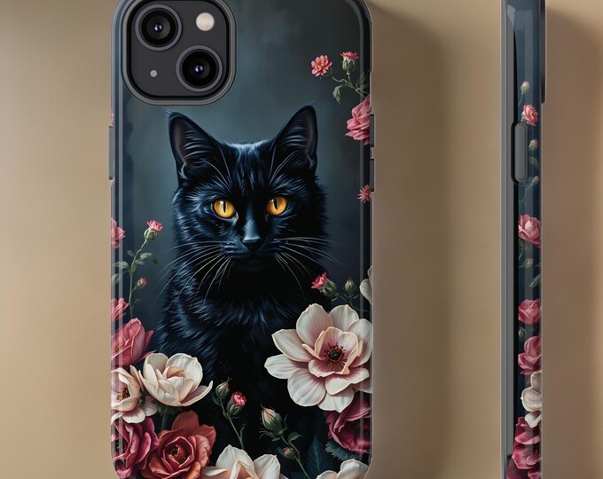 Black Cat Phone Case Gothic Floral iPhone 16 15 14 13 12 11 S24 S23 S22 S21 Plus, iPhone 16 15 14 13 12 11 Pro Max Plus | Gift Cat Lover