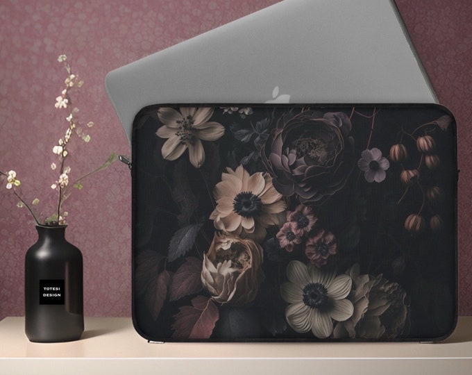 Chic Dark floral goth aesthetic Deluxe MacBook Air Pro laptop sleeve with padding Plush fleece interior | Sizes 12 13 15 inch | print 1 side