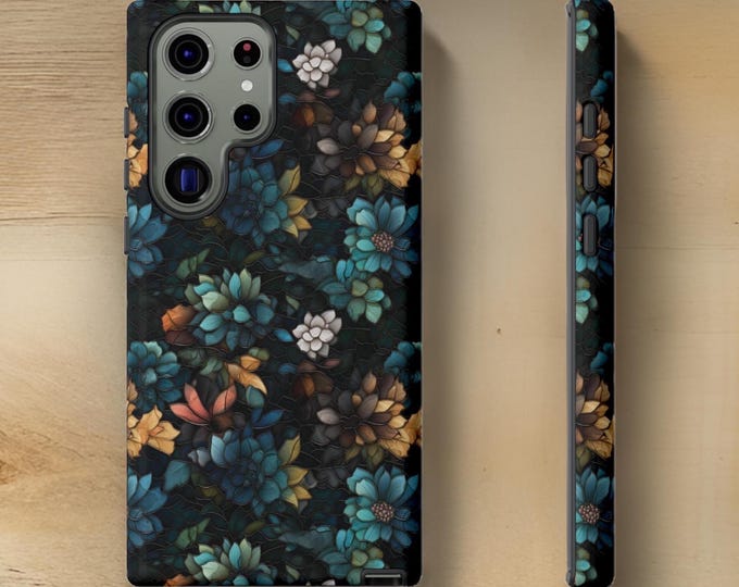 Floral Dark Teal Mosaic Art phone case | iPhone, Samsung S25 S24 S23 | 16 15 14 13 12 11, S23 S22 S21 Ultra Plus Pro Max Tough Cas