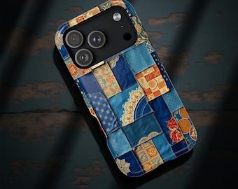 Boho Blue Patchwork Art iPhone Case | Magnetic MagSafe Compatible