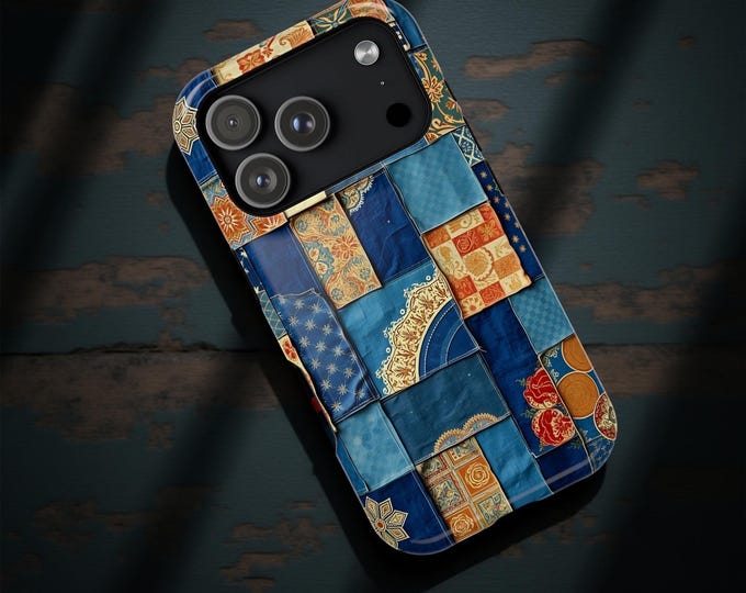 Boho Blue Patchwork Art iPhone Case | Magnetic MagSafe Compatible