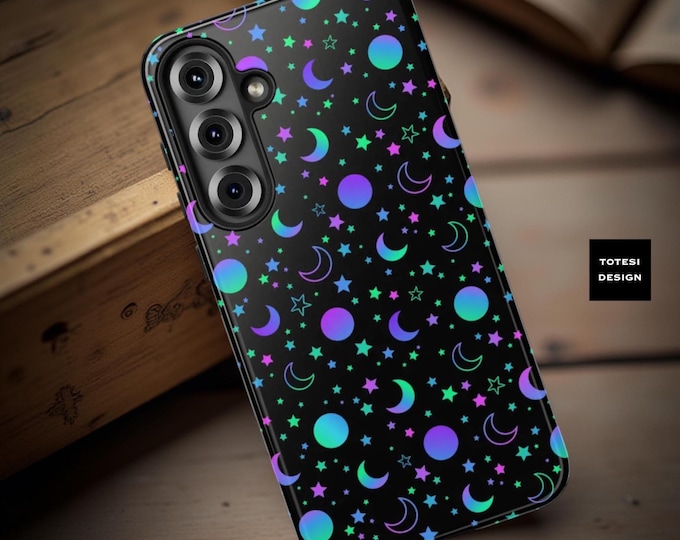 Neon Celestial Phone Case: Goth Witchy Stars, Moon