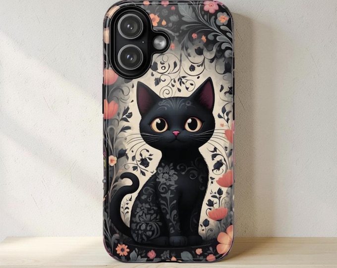Black Kitty Cat Floral Phone Case: iPhone, Samsung Galaxy Tough Cover