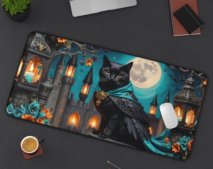 Mystical Cat Desk Mat - Enchanting Home Office Decor, Cat Lover Gift, Halloween Accessories, Unique Work Space Addition, Fantasy Themed