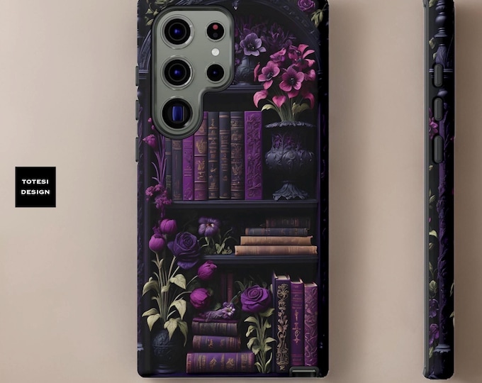 Purple gothic dark academia floral books bookshelf, iPhone Samsung Galaxy Gift, Tough Cases, Floral phone case, romantic, vintage inspo