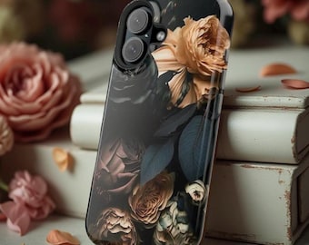 Dark Floral Academia Gothic iPhone Case: MagSafe Compatible, Sturdy Dual Layer