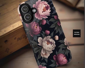 Dark Floral Pink Peony Phone Case: Dual Layer Tough Protection