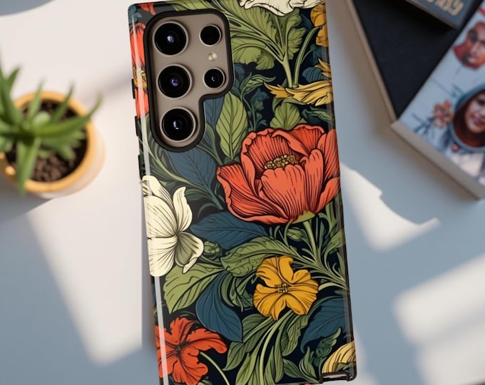 Floral Botanical Leaves Tough Cases, Bold Vintage Design, Mother's Day Gift, Samsung iPhone Google Models, S25 S23 Plus Ultra, Phone Cover