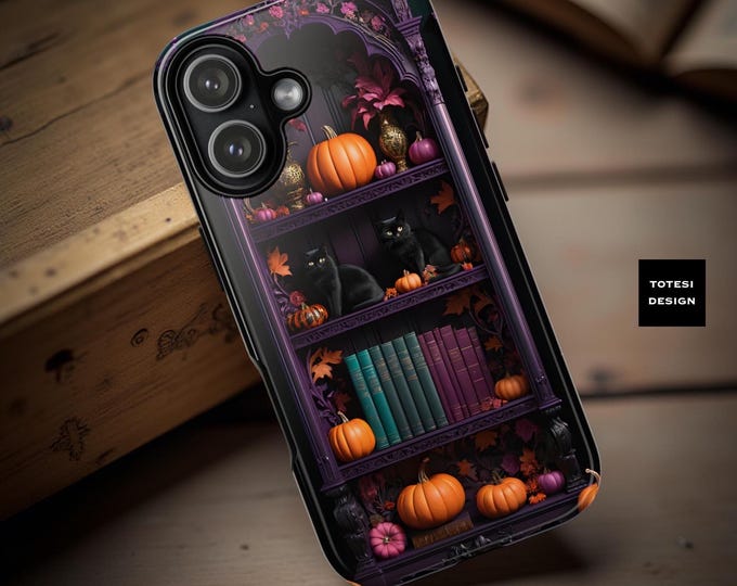 Black Cats Halloween Gothic Purple Bookcase Google iPhone Samsung Tough Phone Cases