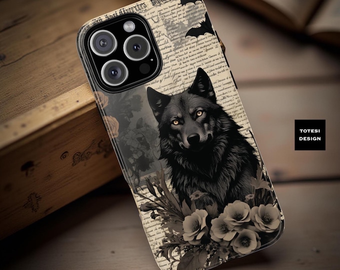Gothic Wolf Tough Phone Case: Vintage Floral Design