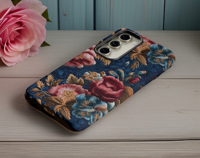 Vintage floral blue pink Samsung, iPhone Google Tough phone cases S25 S24 S23 S21 Plus Ultra | Glossy or Matte| Gift for birthday her