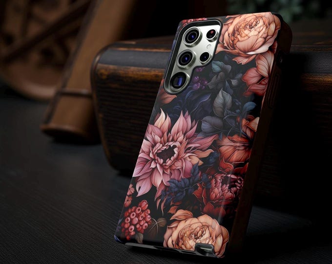 Gothic Floral iPhone 17 16 15 Case: Dark Pink Black Flowers, Tough Dual Layer
