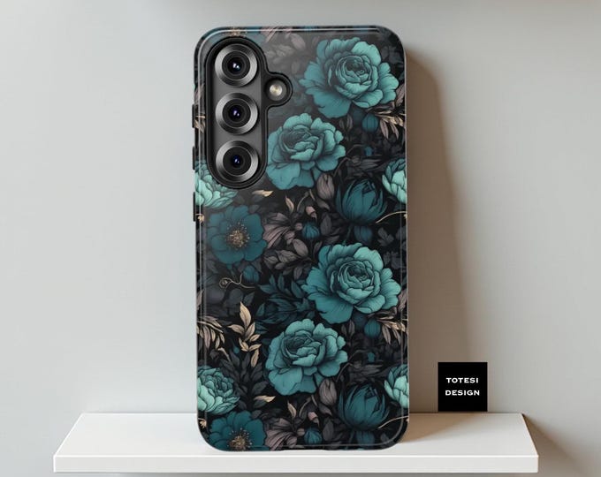 Teal Dark Floral Samsung S24 S23 S22 iphone cases 16 15 14 13 22 23 Plus Ultra Pro Max  roses Victorian Gothic floral|Glossy Matte