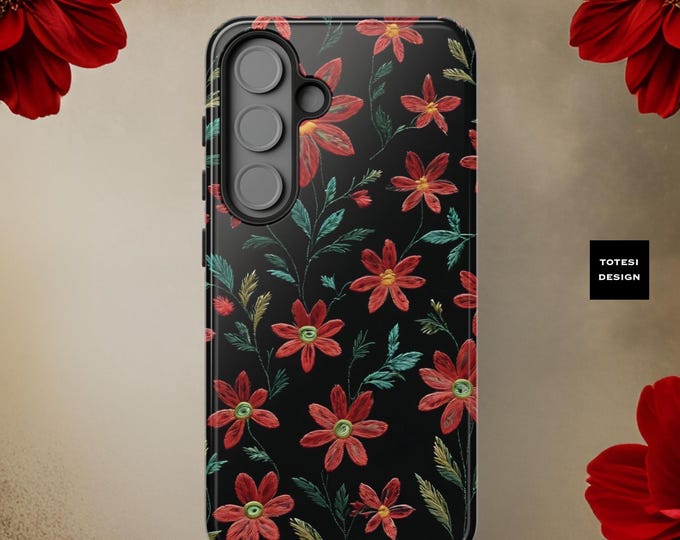 Red black Floral Phone Case for iPhone 16 15 14 13 12 11 Pro Max Plus Samsung S25 S24 S23 S22 Plus Ultra, Tech Gift for Her