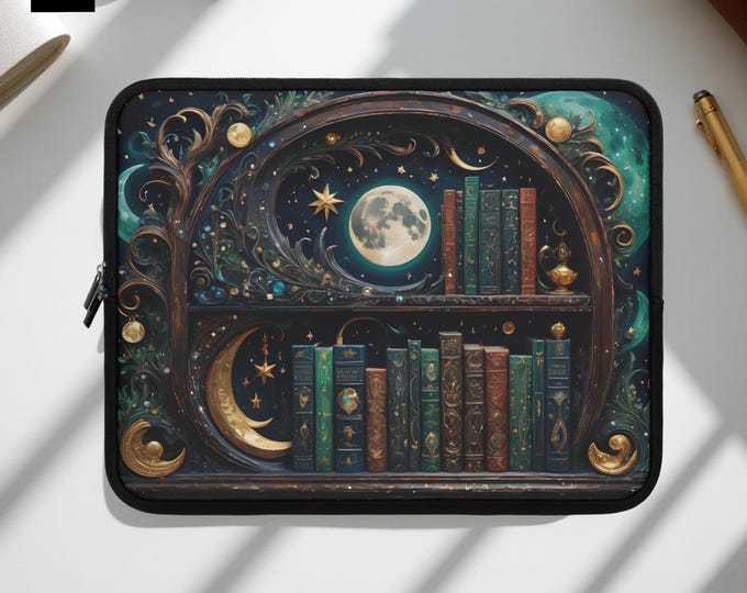 Fantasy Celestial Bookshelf Laptop Sleeve, Padded Mac iPad Kindle Cover, Magical Gift for Her, Daughter, Niece, Protective Tech Case,