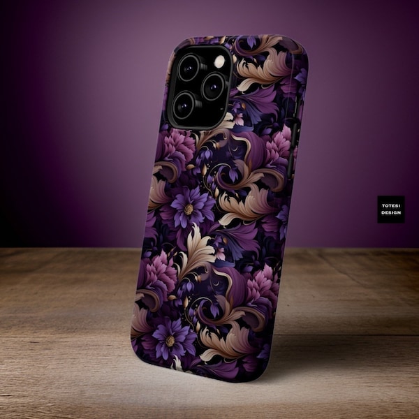 Bling Glam Purple swirly floral aesthetic MagSafe Compatible  iPhone 13 14 15 Pro Max Plus Mini | Dual layer|Glossy Matte