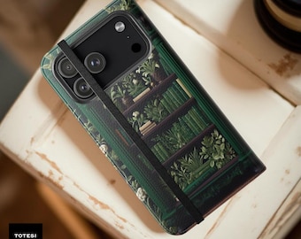 Green Floral Bookcase Phone Case: Dark Academia Bookish Wallet