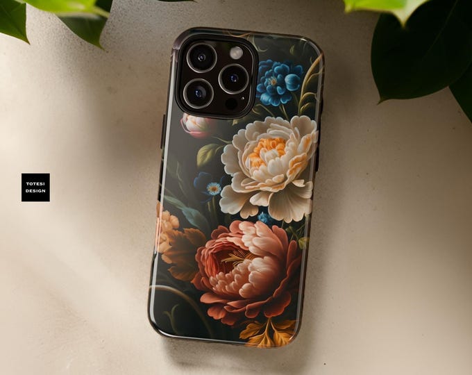 iPhone Tough Case, Dark Floral Academia Moody Goth Design, Sturdy Protective Shell, Matte Finish, Wireless Charging Compatible, Her Phone