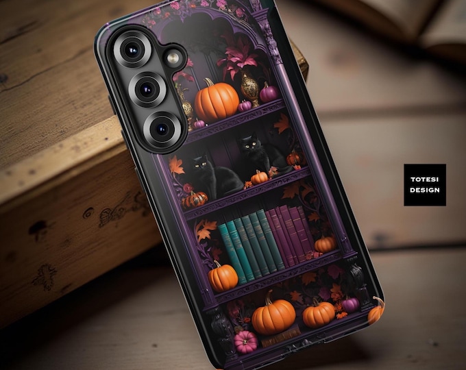 Black Cats Halloween Gothic Purple Bookcase Google iPhone Samsung Tough Phone Cases