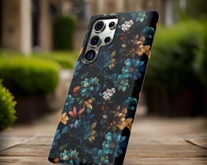 Floral Dark Teal Mosaic Art phone case | iPhone, Samsung S25 S24 S23 | 16 15 14 13 12 11, S23 S22 S21 Ultra Plus Pro Max Tough Cas