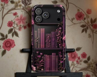 Dark Academia Bookshelf iPhone Case – Vintage Bookish Pink MagSafe Tough Cover
