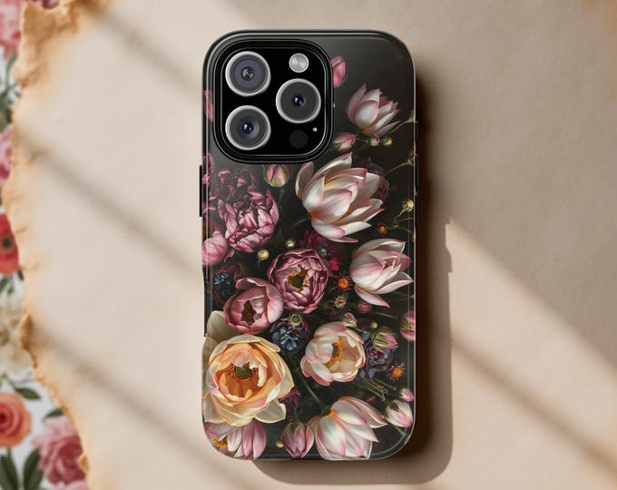 Dark Floral Academia, iPhone Tough Case 11, 12,13,14 15 16 Pro Max Plus Samsung Galaxy| ornamental Victorian Gothic floral,Glossy or Matte