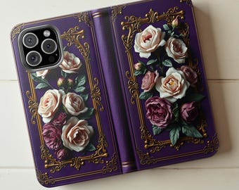 Floral Book Purple Faux Leather Wallet Phone Case, Vintage Design