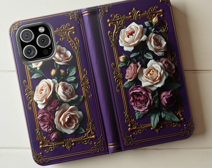 Floral Book Purple Faux Leather Wallet Phone Case, Vintage Design